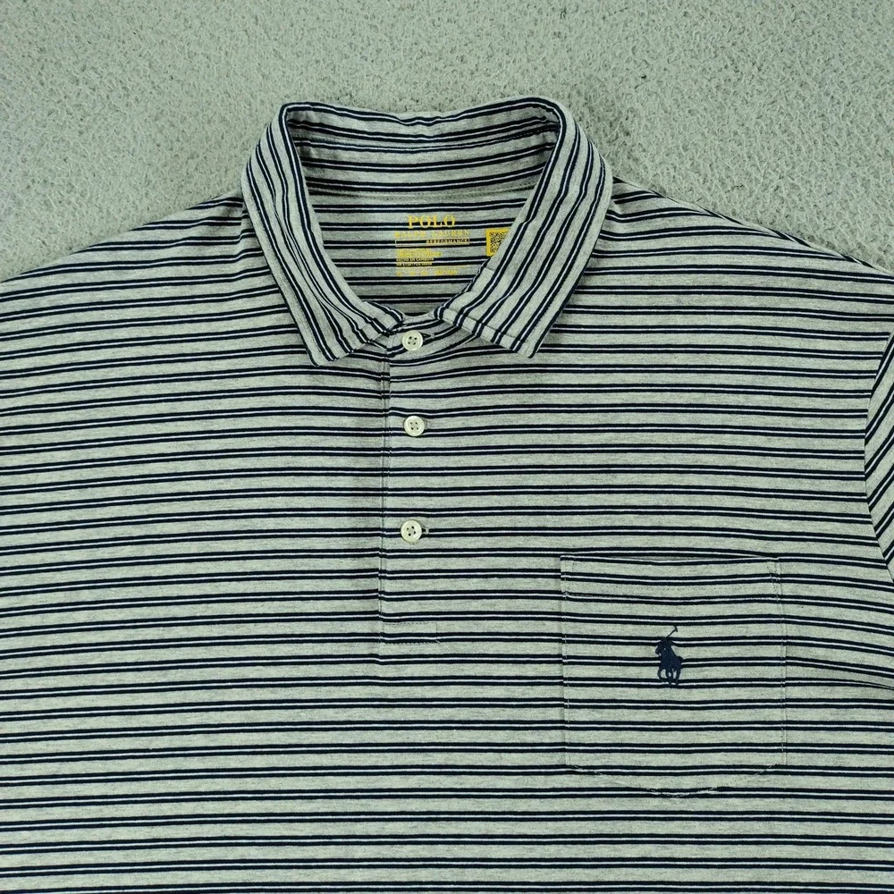 Polo Ralph Lauren Performance Polo Shirt Mens XL Gray Stripe Pocket Stretch